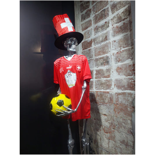 Skeleton in Swiss national soccar league shirt