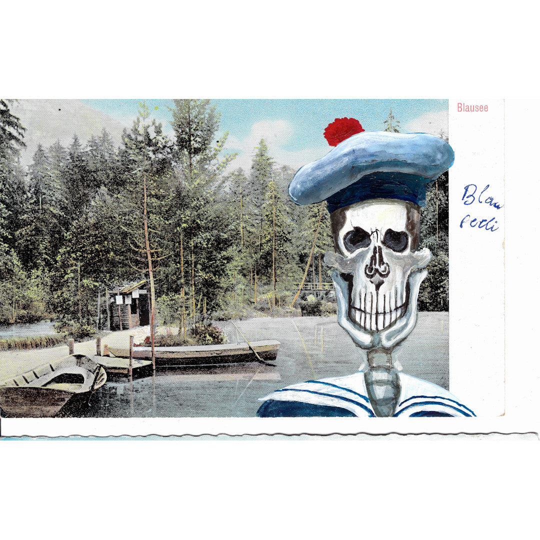 Skeleton in front of a lake